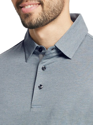 Model front view from nose to chest wearing Ventilated Heather Jacquard Polo in SLATE GREEN HEATHER