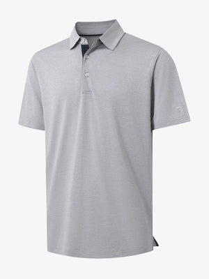 3D view showing jacquard fabric detail of Ventilated Heather Jacquard Polo in FADED DENIM HEATHER