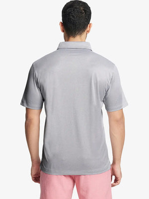 Rear half-body shot showing fit of GREY WHITE Performance Ananas Jacquard Polo