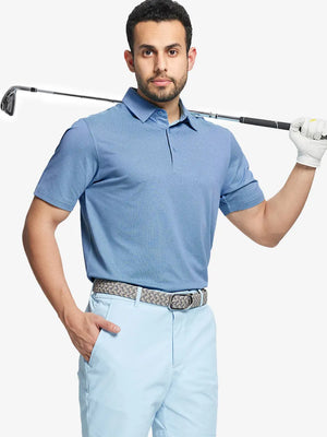 Model front half-body holding golf club in AQUA Performance Ananas Jacquard Polo