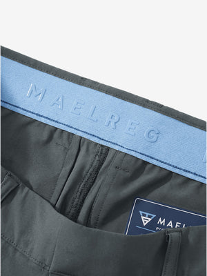 Detail view of inner waistband on dark gray women's regular fit stretchy golf pants