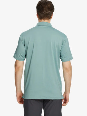 Back half-body view of Chest Print Polo Shirts in Beryl Green