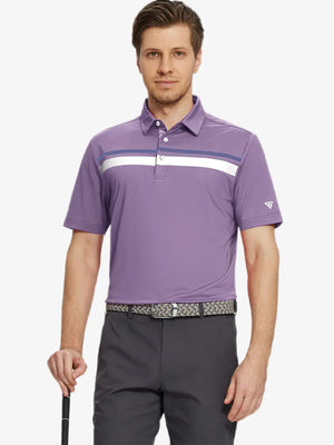 Model holding golf club in Lavender Chest Print Polo Shirts