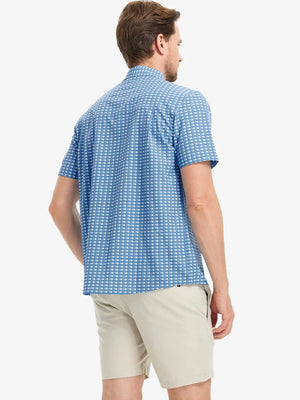 Back half-body view wearing BLUE WHITE BONEFISH Stylish Printing Summer Shirt.