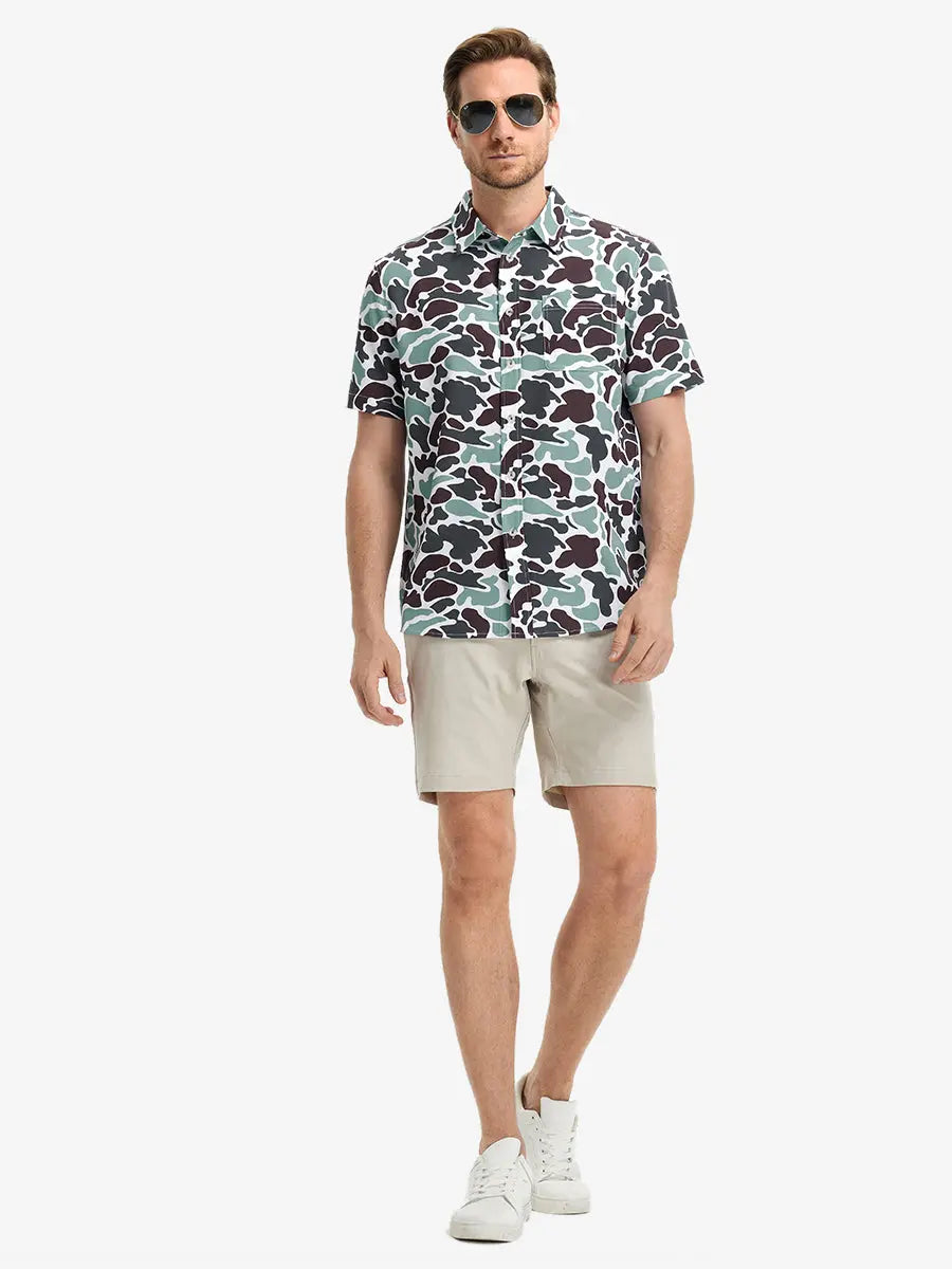 Full-body front view holding a takeaway drink cup, wearing BROWN GREEN CAMO Stylish Printing Summer Shirt.