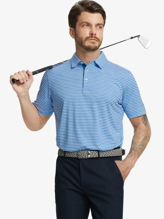 Front half-body shot of model holding golf club, wearing Sport Fit Stripe Polo in Classic Blue Stripe