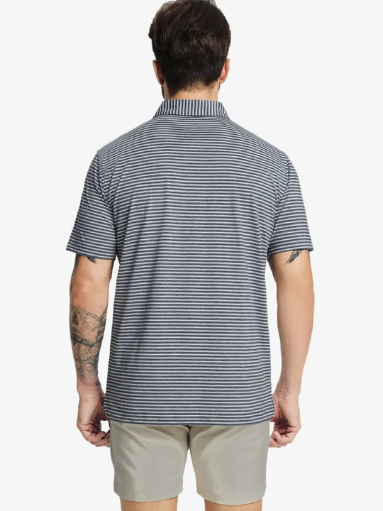 Back half-body shot of model showcasing the back of Sport Fit Stripe Polo in Dark Grey Stripe