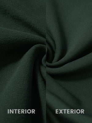 Inside and outer fabric close-up of forest green golf lightweight fleece lined dress pants, soft fleece lining.