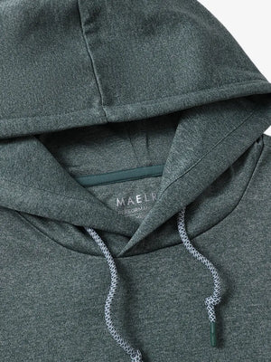 Close-up of hood and drawstring details on Green Heather fleece hoodie