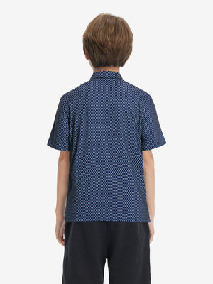 Back upper view of Stylish print boys polo shirts with clean lines and green seahorse tone