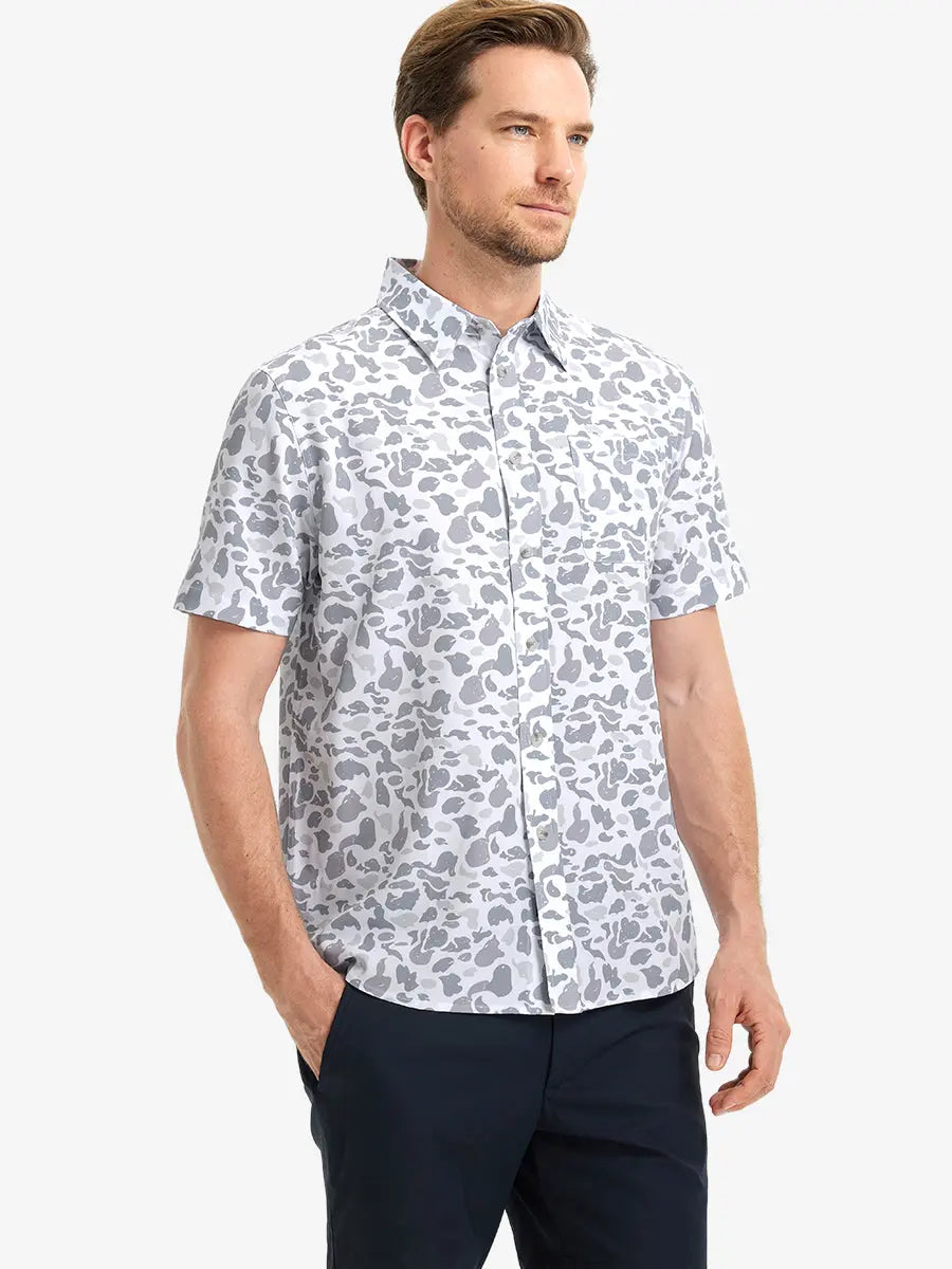 Front half-body view wearing GREY CAMO Stylish Printing Summer Shirt.