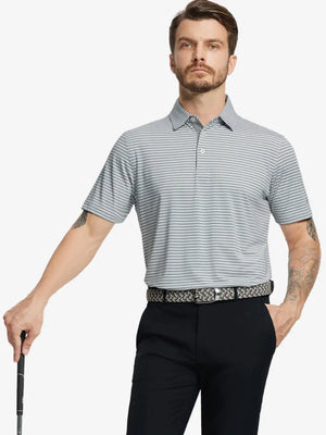 Front half-body shot of model holding golf club, wearing Sport Fit Stripe Polo in Grey White Stripe
