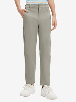 Front lower body shot of model wearing the khaki grey youth water resistant cotton blend golf pants, showcasing a relaxed fit