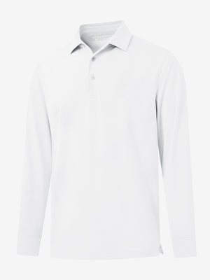Front 3D view of Skin-friendly long sleeve melange polo in white with refined look