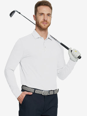 Model holding golf club wearing Skin-friendly long sleeve melange polo in clean white