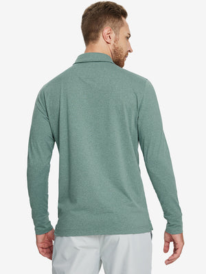 Back upper body of Skin-friendly long sleeve melange polo with smooth dark green heather finish