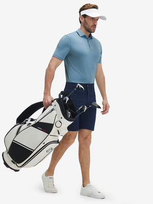 Full-body shot of a model wearing the misty blue everyday classic solid polo, showing the complete casual look