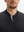 Close-up of model in black moisture-wicking short sleeve henley shirt, nose to chest front view.