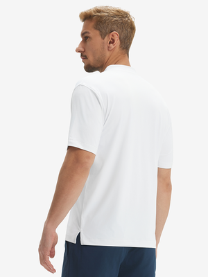 Side-back view of model in white Moisture-Wicking Short Sleeve Henley.