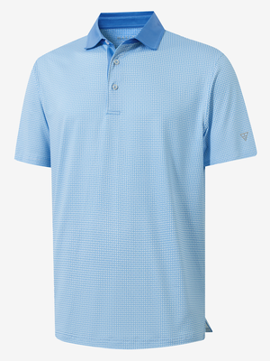 3D view of light blue geo lightweight stretch upgraded print golf polo shirts.