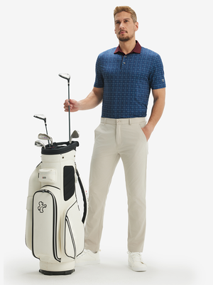 Full front: model in red white golf club lightweight stretch upgraded print golf polo shirts holding golf club.