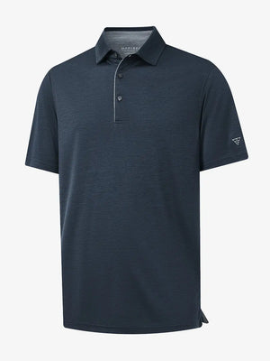 3D view highlighting Modern Fit Melange Polo in NAVY HEATHER, showcasing fabric weave and tailored fit.
