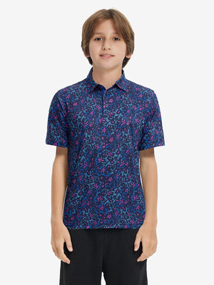 Model front upper body wearing Stylish print boys polo shirts in fresh navy colorful flower style