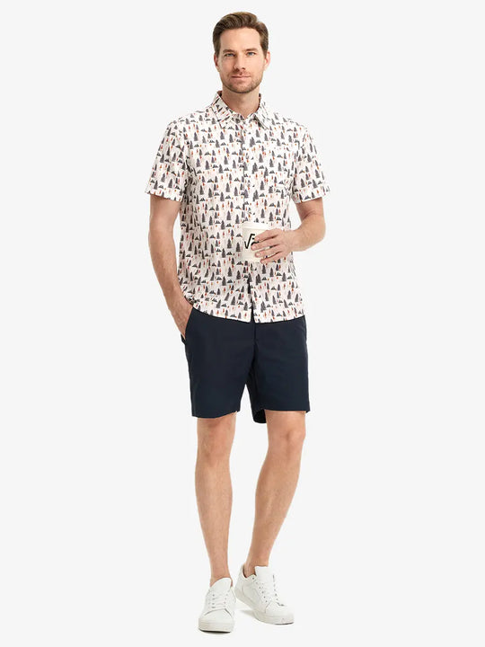 Full-body front view holding a takeaway drink cup, wearing PINE FOREST Stylish Printing Summer Shirt.