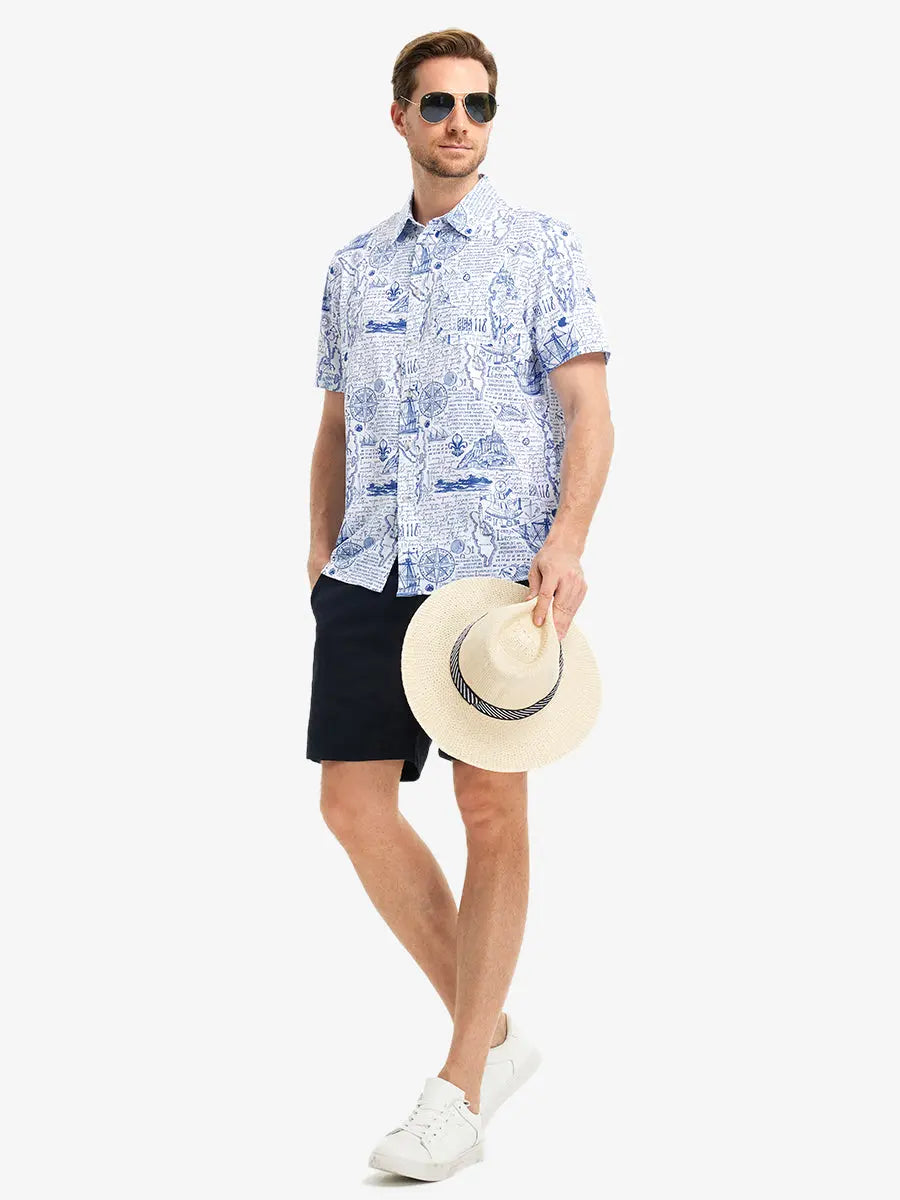 Full-body front view holding a takeaway drink cup, wearing WHITE COMPASS MAP Stylish Printing Summer Shirt.