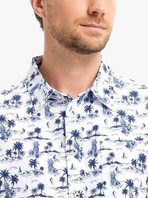 Front view from nose to chest wearing WHITE SAND PINEAPPLE Stylish Printing Summer Shirt.