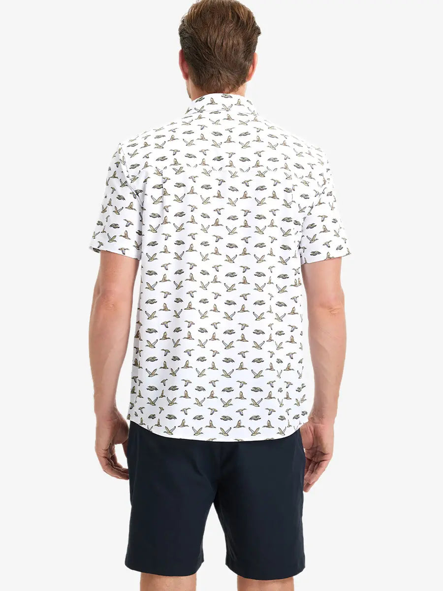 Back half-body view wearing WHITE WILD GOOSE Stylish Printing Summer Shirt.