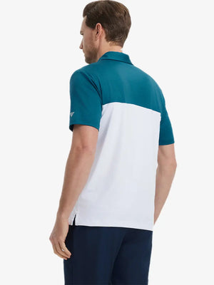 Back half-body view wearing WHITEDUSTY BLUE Premium Performance Polo