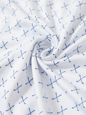 Close-up fabric detail of lightweight print long sleeve polo, breathable texture and soft feel in white nav clue