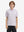 Front half-body shot of youth in white pizza performance print boys golf polo, highlighting design and fit
